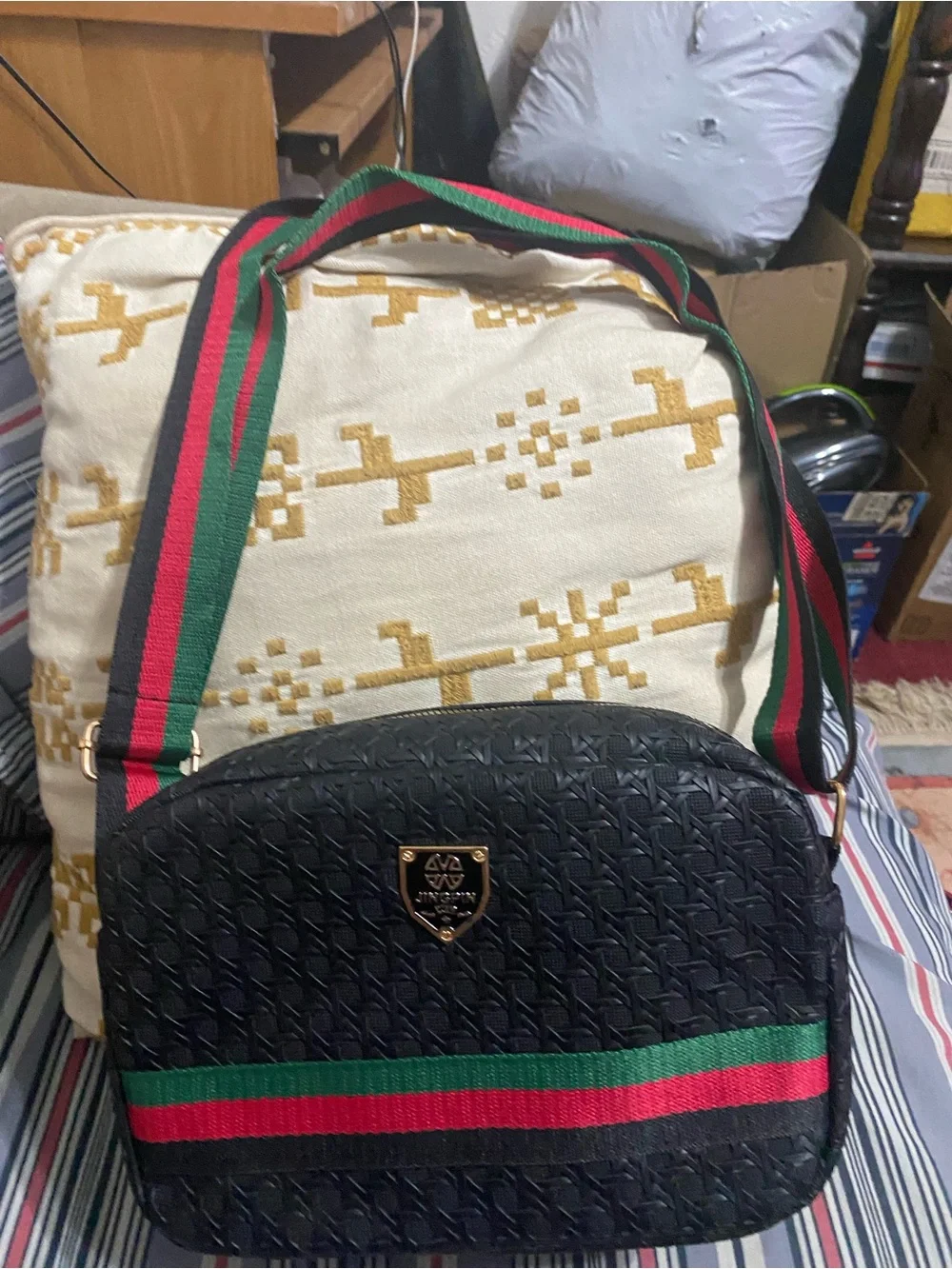 Black Messenger Bag with Green & Red Stripe